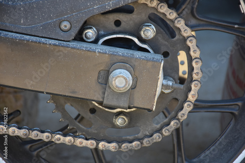 close up of motorcycle gear system