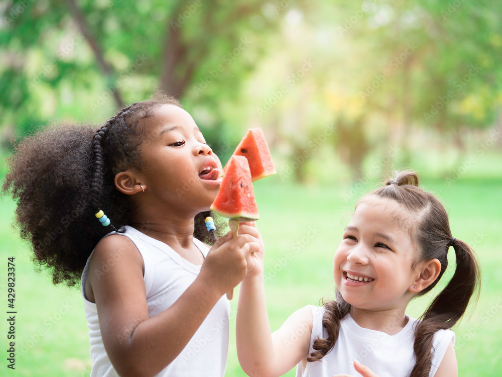 Two little lovely girls of various ethnic having fun eating watermelon in park. Two little lovely girls of various ethnic having fun eating watermelon in park.