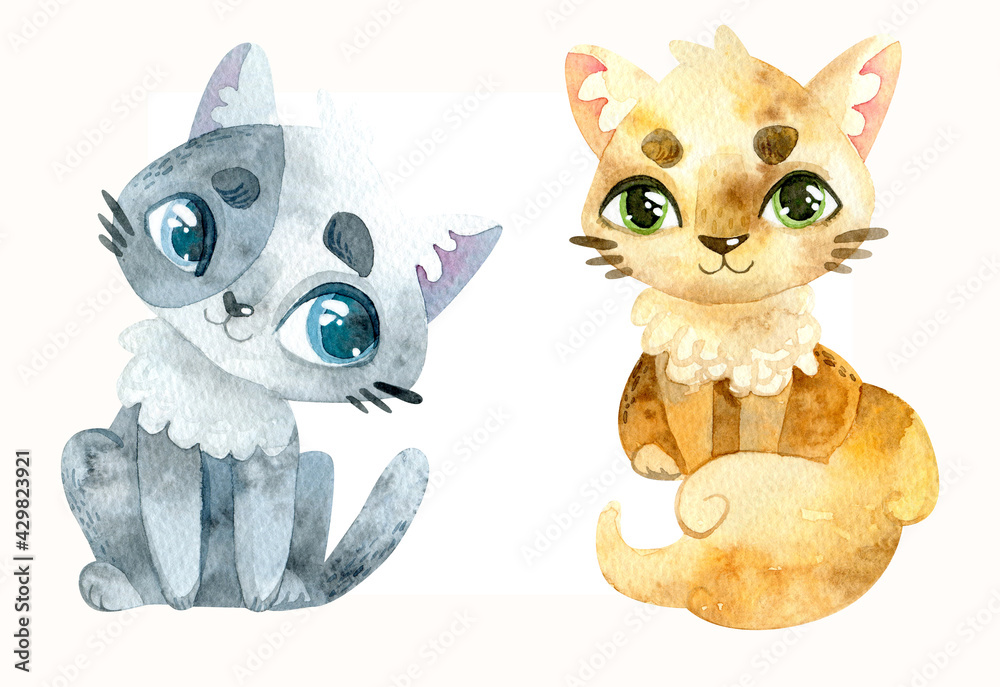 Fototapeta premium Cartoon watercolor. Set of cute cats. Red and black kittens.