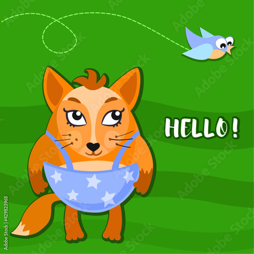 Vector greeting card with a fox and a bird. A cute fox looks at a flying bird. cute fox with a sign