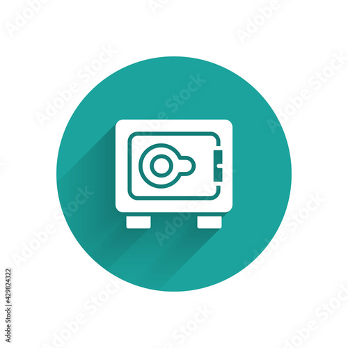White Safe icon isolated with long shadow. The door safe a bank vault with a combination lock. Reliable Data Protection. Green circle button. Vector