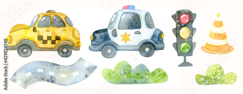 Cartoon watercolor. Road traffic. Cars in the city