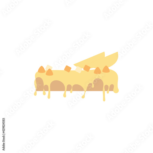 Vector of dessert mango cake topping with cream and little piece tropical fruit drawing on white