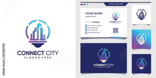 City logo with bulb style and business card design. Inspiration, illustration city tech logo Premium Vector