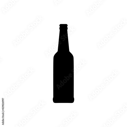 Beer bottle, beverage container. Alcohol drink icon on a white background. A simple logo. Black shape basis for the design. Isolated. Vector illustration.