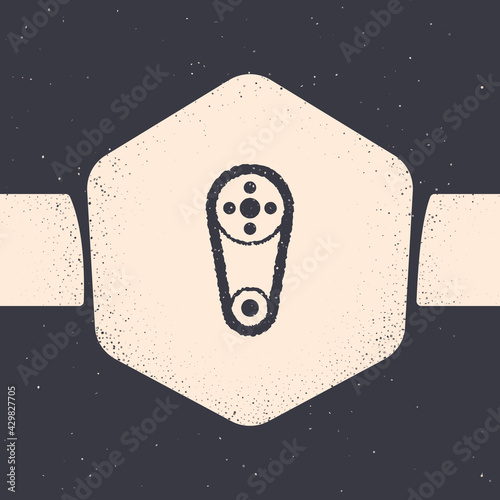 Grunge Timing belt kit icon isolated on grey background. Monochrome vintage drawing. Vector