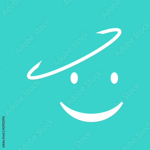 Cute social media smiling face with halo emoji on a blue background. Royalty-free.