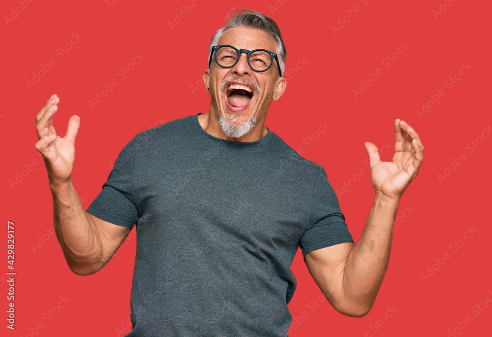 Middle age grey-haired man wearing casual clothes and glasses crazy and mad shouting and yelling with aggressive expression and arms raised. frustration concept. Middle age grey-haired man wearing casual clothes and glasses crazy and mad shouting and yelling with aggressive expression and arms raised. frustration concept.