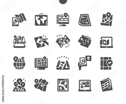 Paper and electronic maps. Location. Electronic map in laptop. Online map. Position, marker, pin, pointer, gps and navigation. Vector Solid Icons. Simple Pictogram