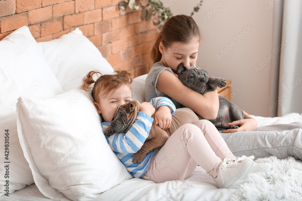 Cute girls with puppies at home Cute girls with puppies at home