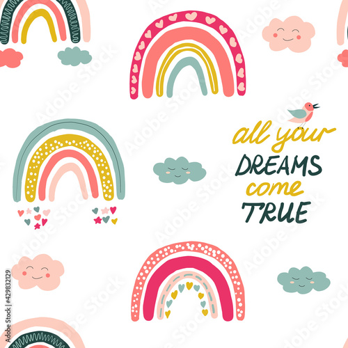Vector seamless pattern with scandi rainbows and text.