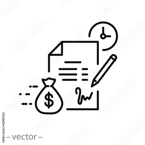 conditions loan or credit, icon, settlement service, financial contract and salary, legal agreement, payment cost, thin line symbol on white background - editable stroke vector illustration eps10