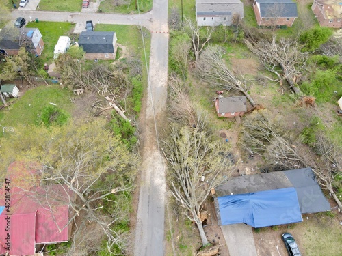 Storm damage from Tornado in residential neighborhood