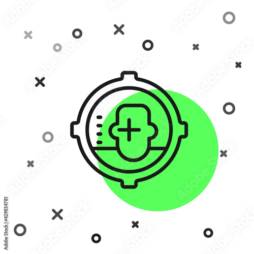 Black line Headshot icon isolated on white background. Sniper and marksman is shooting on the head of man, lethal attack, assault and assassination. Vector