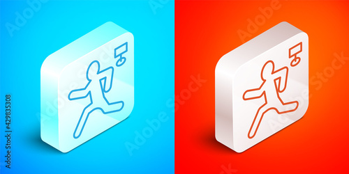 Isometric line Murder icon isolated on blue and red background. Body, bleeding, corpse, bleeding icon. Concept of crime scene. Silver square button. Vector