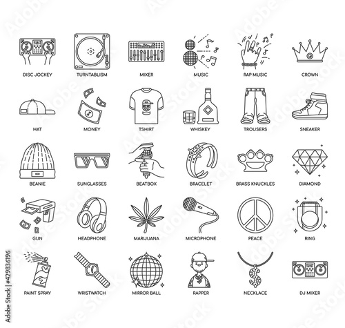 Set of hiphop thin line and pixel perfect icons for any web and app project.