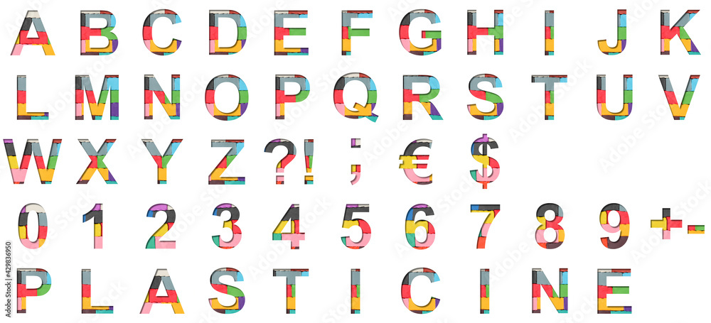 Multi-colored plasticine font. Alphabet letters ABCDEFGHIJKLMNOPQRSTUVWXYZ  and digits 1234567890 set cut out of paper on a background of pieces of  colored plasticine. Stock Photo