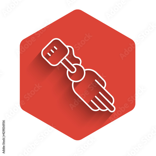 White line Prosthesis hand icon isolated with long shadow. Futuristic concept of bionic arm, robotic mechanical hand. Red hexagon button. Vector