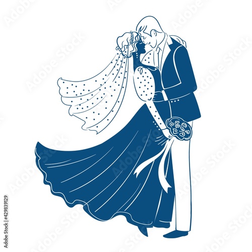 Blue Silhouettes of the bride and groom with a bouquet. Stock vector isolated illustration on white background.Mixed marriage.Interracial marriage.