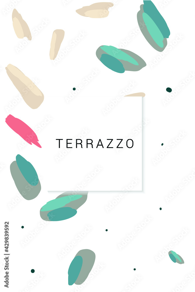 Bright Terrazzo Wall Vector White Background. Mosaic Ceramic Tile Cover. Marine and Peach Geometric Illustration.