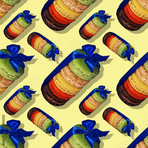 pattern macaroon gift, Set of various pastel colored macaroon and gift boxes with ribbon and bow
