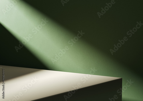Fototapeta Naklejka Na Ścianę i Meble -  3D illustration of wooden board corner at green wall lit by diagonal light stripe.