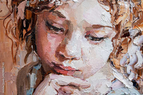 Fototapeta Naklejka Na Ścianę i Meble -  Fragment of a portrait of a young, dreamy girl . The oil painting is created in oil with expressive strokes.