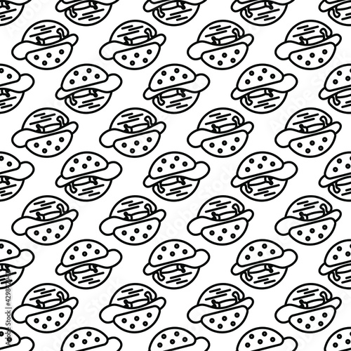 Vector icon, food illustration, round shape burger with cutlet and lettuce leaf, pattern