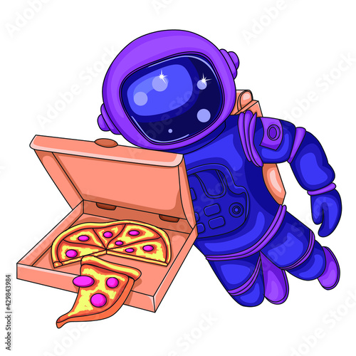 Astronaut with pizza. Pizza delivery anywhere in the world. The isolated image on a white background.