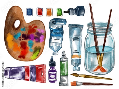 Hand drawing watercolor set of art materials. Ink, brushes, water can, palette. Use for shop, market, arts, poster, invitation, frames, banner, background, catalogue, print, textile