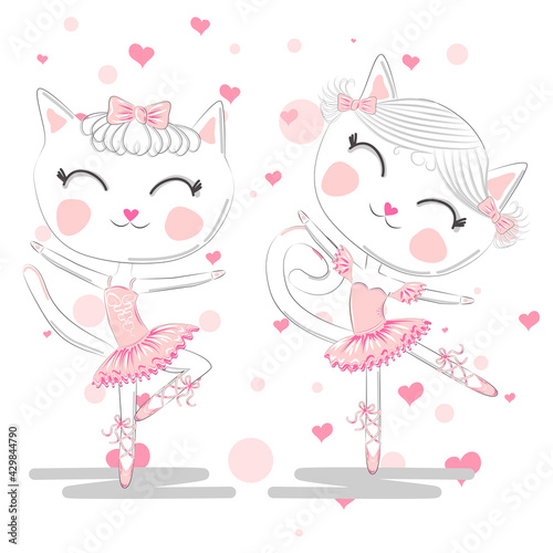 Happy cat girl in ballet costume dance on a piano on polka dot background illustration vector.