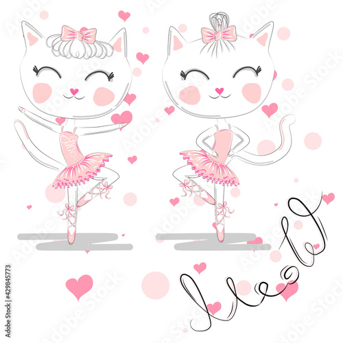 cute white cartoon cat in ballet tutu, kitty girl in a pink skirt