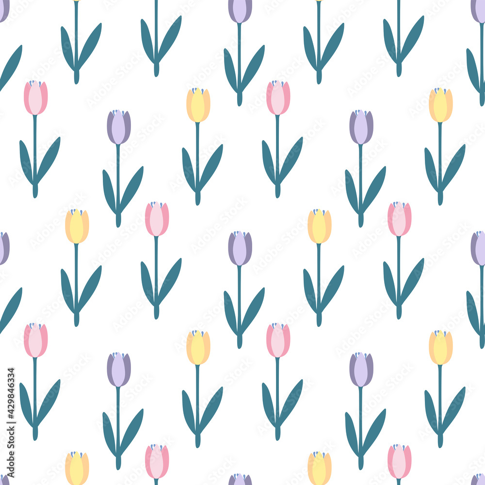 Seamless pattern of multicolored tulip flower with leaves on a white background. Simple floral pattern in flat style. Seamless pattern of multicolored tulip flower with leaves on a white background. Simple floral pattern in flat style.