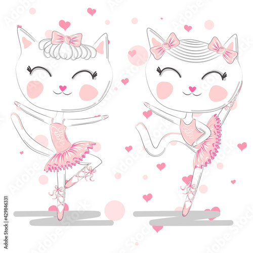 Happy cat girl in ballet costume dance on a piano on polka dot background illustration vector.