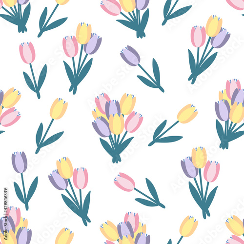 Seamless pattern of multicolored tulip bouquet with leaves on a white background. Simple floral pattern in flat style.