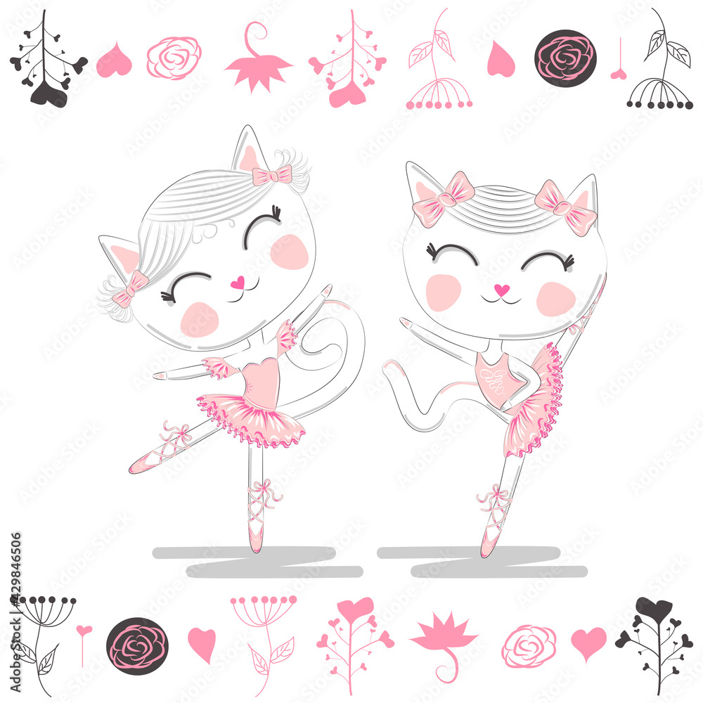 Love ballet. Doodle of cute dancing ballet cat