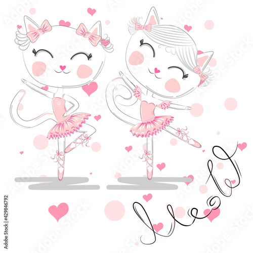 cute white cartoon cat in ballet tutu, kitty girl in a pink skirt