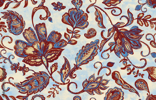 Paisley watercolor floral pattern tile: flowers, flores, tulips, leaves. Oriental indian traditional hand painted water color whimsical seamless print, ceramic design. Abstract india batik background