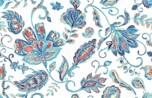 Paisley watercolor floral pattern tile: flowers, flores, tulips, leaves. Oriental indian traditional hand painted water color whimsical seamless print, ceramic design. Abstract india batik background