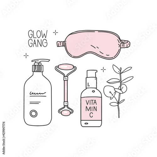 A set of elements in the sketch style. Outline icons. Beauty routine, skin care. Body lotion, vitamin C serum, jade massage roller, silk sleep mask. Glow gang inscription. Vector illustration, fashion