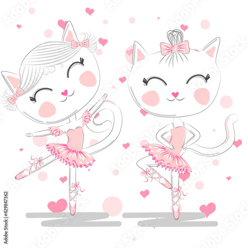 Happy cat girl in ballet costume dance on a piano on polka dot background illustration vector.