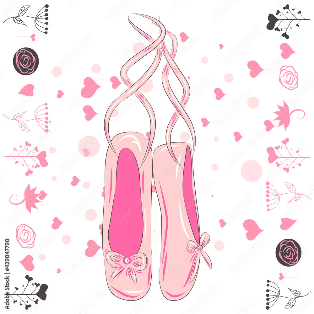 Delicate pink pointe shoes with white ribbons for ballet dancing.