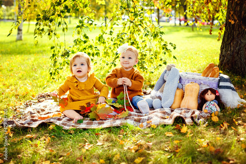 Two little girls sit on a blanket in the park sunlight. Children have a picnic in nature.
