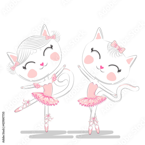 A pair of cute white ballerina cats in pink ballet tutu and pointe