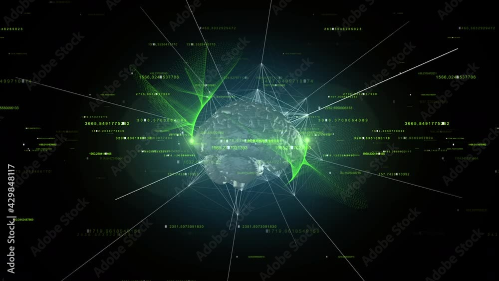 Rotation of the shining brain with particles, plexus and numbers.
