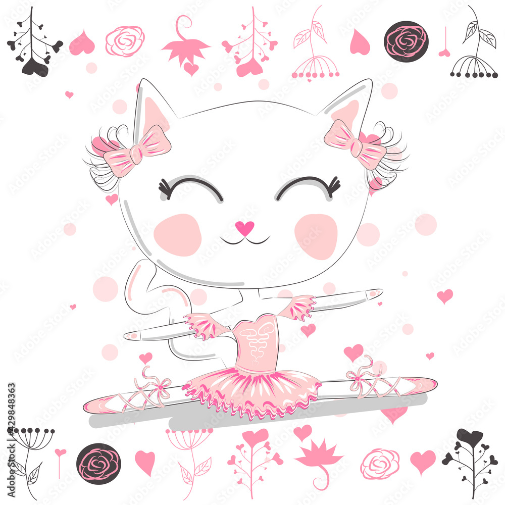 cat in a crown, pink ballet tutu. Isolated objects on white background.