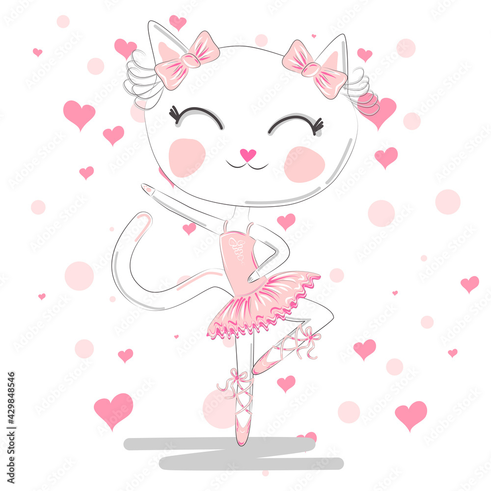 Hand drawn beautiful, lovely, little ballerina with cat.