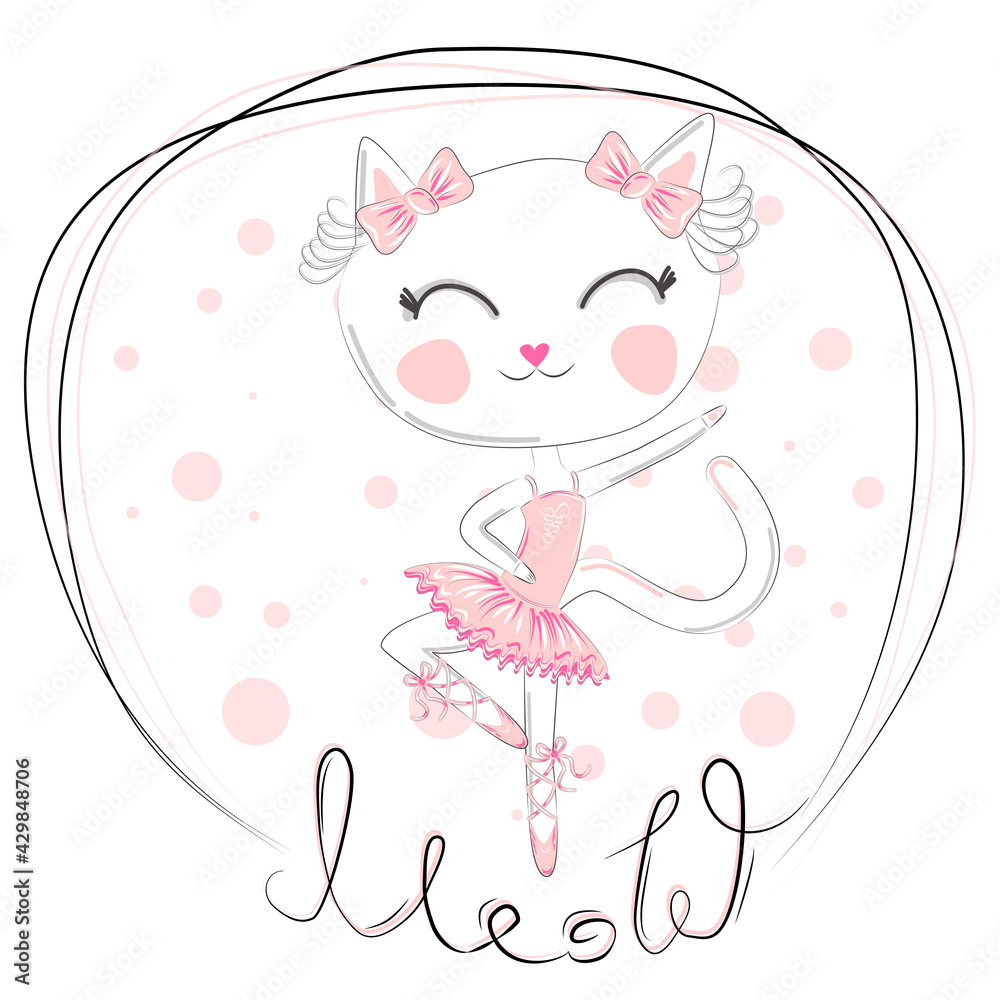 Cute dancing cat ballerina in the blue tutu. Cartoon hand drawn.