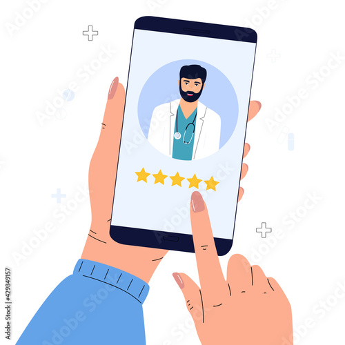 A satisfied patient leaves a good review to the doctor using the mobile application. Hand rates five stars. Customer feedback online. Rating flat vector concept.