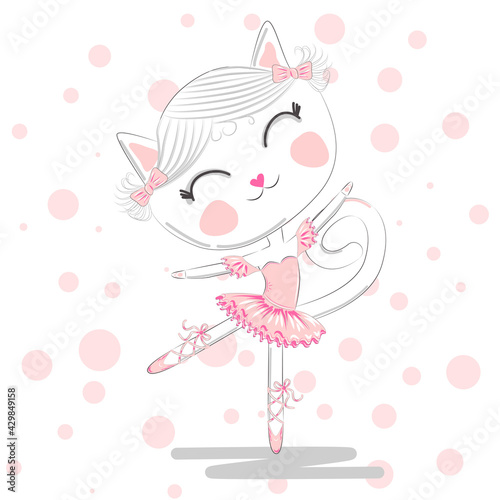 Happy cat girl in ballet costume dance on a piano on polka dot background illustration vector.